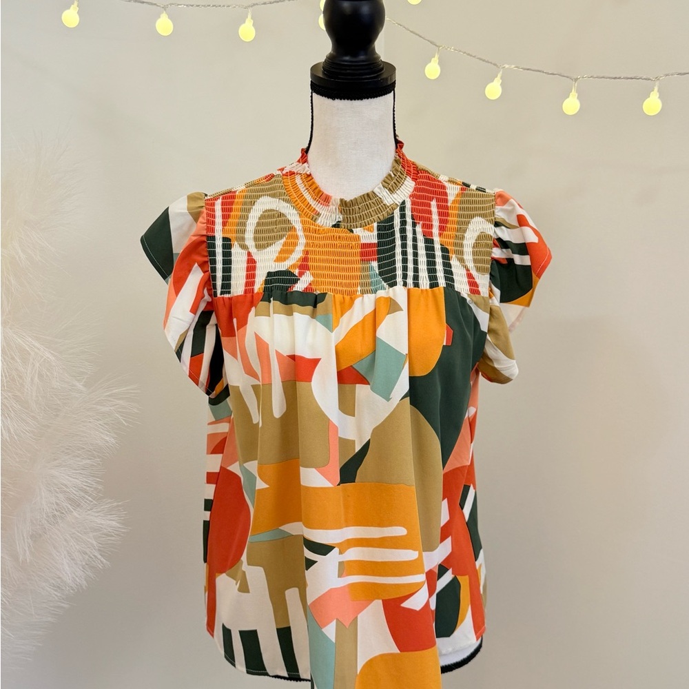 đž THML Multicolor Ruffle Sleeve Abstract Print Topâ